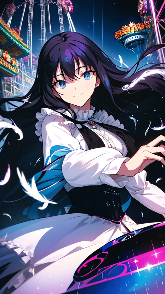 best quality, extremely detailed, anime style adult 1girl, long hair down to the waist, straight hair, ((dark black hair with bluish)),crown braid,beautiful detailed eyes, pinched eyes, dark blue eyes, huge breasts,curvy,(((white main black cyberpunk and magical frill dress))),longskirt,((feather accessory)),magical girl,((((light smile)))),((((amusement park)))),animation cap,animated gif,