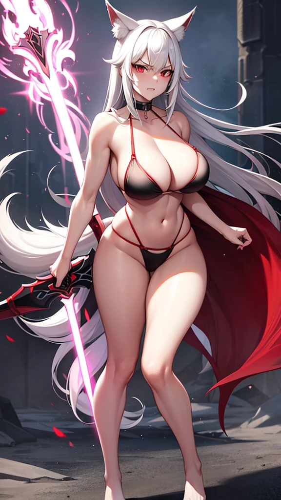 An adult woman, half fox and wolf, white hair, red eyes, wide breasts, very angry, standing, in a bikini, holding a sword