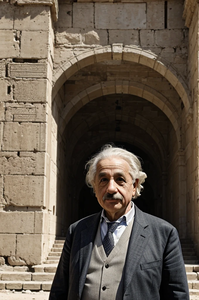 Albert Einstein poses in front of the main entrance to the ancient Aleppo Citadel