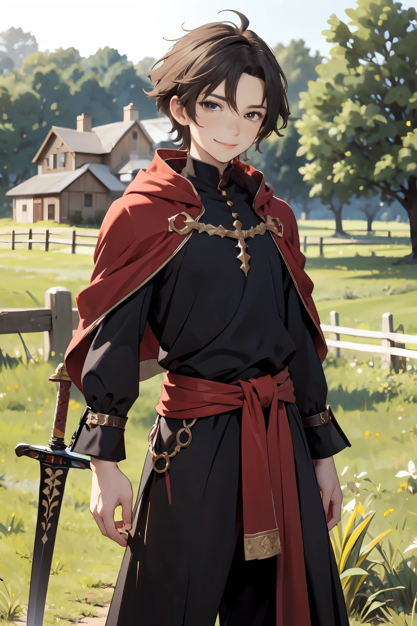 Male, short brown hair, brown eyes, handsome, smirk, wearing a black-red cloak, and black clothes, sword on his waist, white skin, background, Grasslands and rice bran and farm theme the house of the dragon. 
