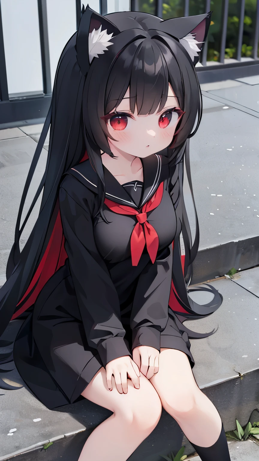 Black long hair，Cat Ear Girl，Red Eyes，Sitting on the steps，Black short-sleeved red-patterned sailor suit，Medium to large breasts，Place your hands in the middle