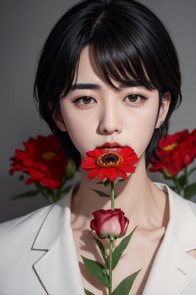 Jin BTS with flowers straight black hair black eyes with red flower in mouth