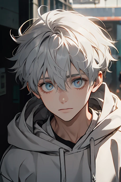 Boy with gray hair, hoodie, skate, dirty hair, (eyes:1.5)