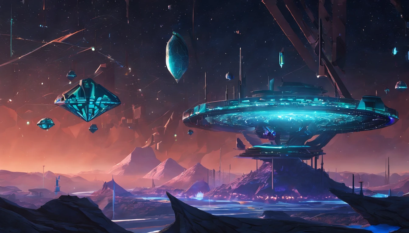 The station is a colossal factory shipyard with a blend of dark beach orange and metallic accents, creating a stunning contrast against the blackness of space. The overall ambiance of the scene is cinematic and realistic, immersing the viewer in a breath, 3d render, cinematic. vibrant glass, crystal vibrant, vibrant diamond.Medieval🏯 metallic gold & dark green matte Gothic castle 🏰750,750,000 sq miles hybrid planet, with cherry red sky blue matte, melds into a Saturn-size-Earth hybrid 🌎🌌, Larry Niven & James Cameron styles.The space station🛰️ like Babylon 5, but in the shape of Deep Space 9. The space station has 6 O'Neal Class space stations off in 5 different equilateral directions, & 1 down the middle. It has its own ecosystem, generates its own power, & is located in a binary star system. There are hundreds of starships going to & fro, from the 🛰️station, at any hour of the day. The station is in the focus of the scene. There are many stars, a nebula, and a comet, in the background. (((Use the following styles:protovision,3d render, architecture,vibrant glass, diamond, vibrant crystal, Robert Louis Stevenson, Ridley Scott, & J. Michael Straczynski))). (((1 million HD Resolution, isometric art, insane symmetrical details))).,