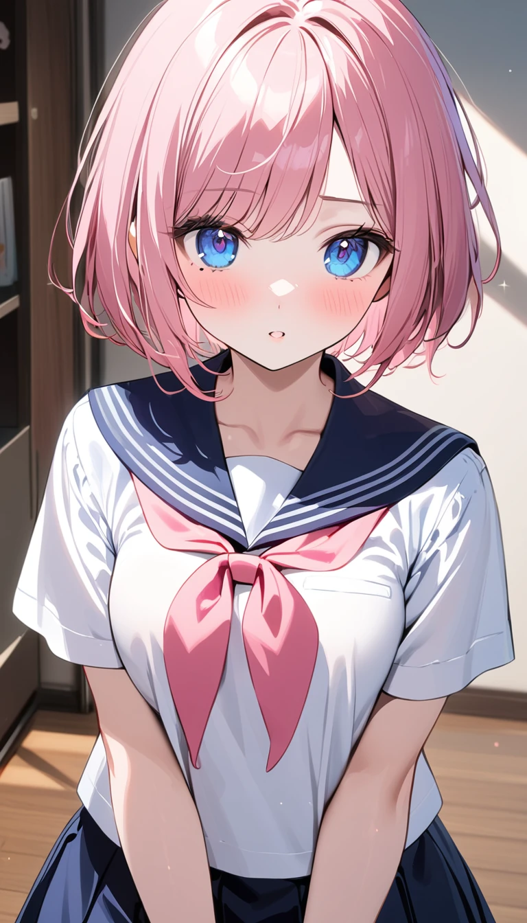 (1 girl),(Best Picture Quality, 8K, Masterpiece:1.3), (high school student:1.5), ((pink lob hair:1.1)), (bob cut),(swept bangs), (cute eyes, pupil black, iris skyblue, youthful face), (mole under right eye), (standard weight), (small breasts), (glistening skin:1.1),(pale skin:1.2), ((serafuku, white sailor short sleeve simple shirt, darkblue skirt, darkblue sailor collar, pink ribbon)),