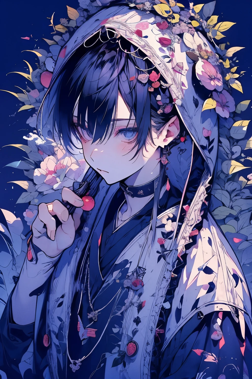 jungle background, nun, torn clothes, gathering berry, white hair, indigo eyes, big chest, Japanese anime style, tired expression