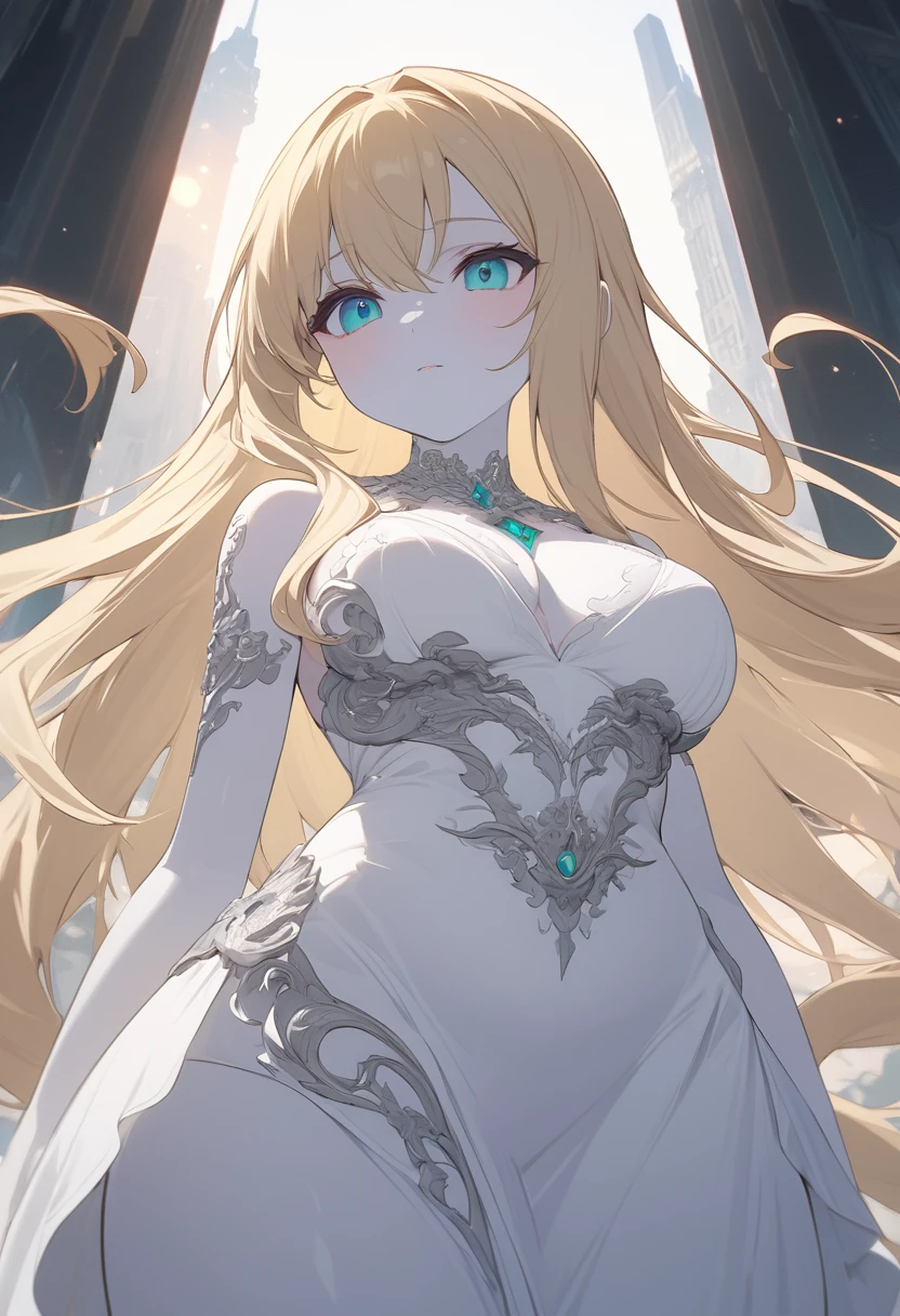 High resolution RAW color art, animation,Sculpture, Silver Marble Skin, (((Highly detailed elegant))), Magical atmosphere, Detailed skin, texture,(Exquisitely crafted, The finer details, Ultra-detailed art), Depth of written boundary, Bokeh, Silky Touch, Hyper Detail,,euphilia, One Girl,Anime girl with long blonde hair and dark turquoise eyes in a white dress, Glowing green eyes,Beautiful Eyes, Elegant face, Magic City, sunrise, Upper Body, (Big Hips, View from below), Under the chest