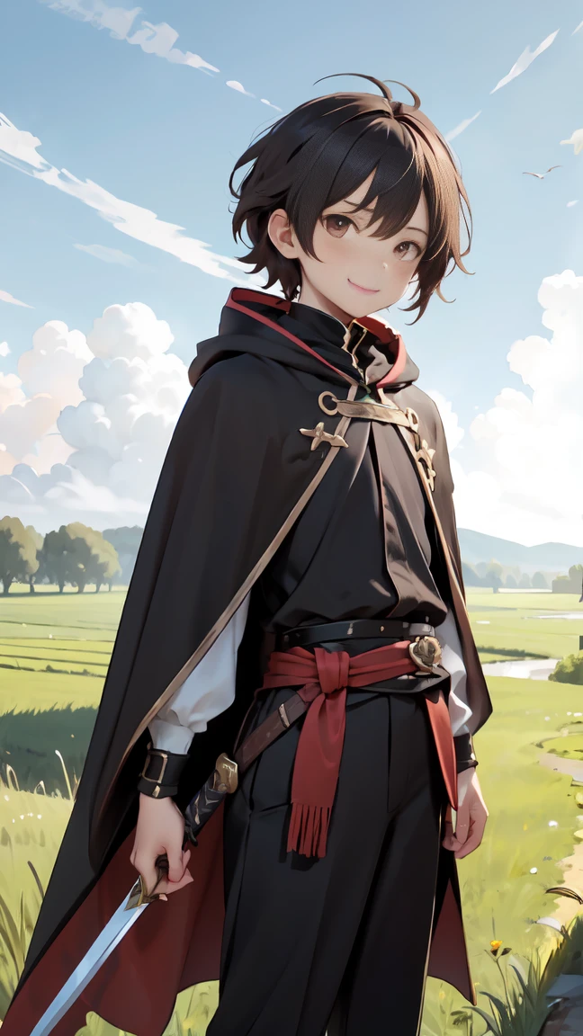 Man, short brown hair, brown eyes, handsome, smirk, wearing a black-red cloak, and black clothes, sword on his waist, white skin, background, Grasslands and rice bran and farm theme the house of the dragon. 
