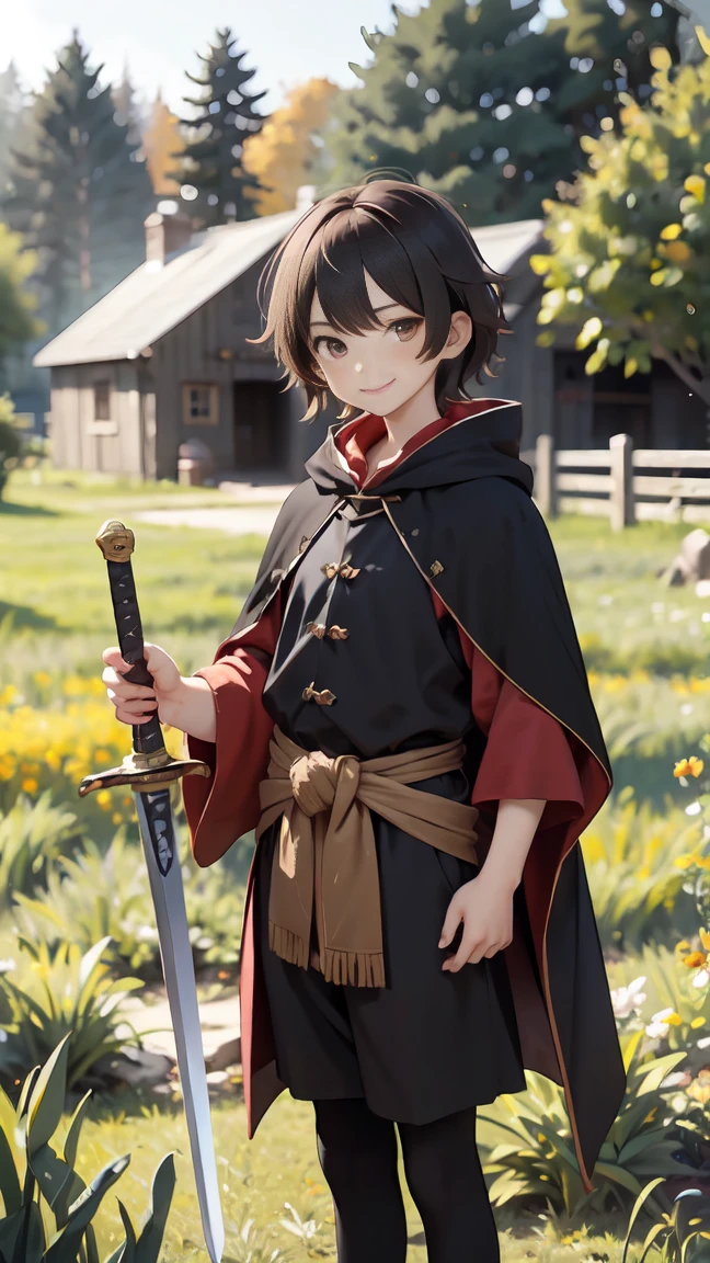 Man, short brown hair, brown eyes, handsome, smirk, wearing a black-red cloak, and black clothes, sword on his waist, white skin, background, Grasslands and rice bran and farm theme the house of the dragon. 
