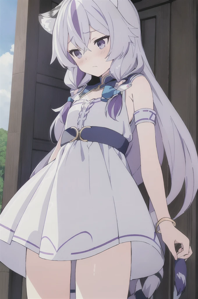((masterpiece)), (best quality), (ultra-detailed), photorealistic, (best illustration), ((an extremely delicate and beautiful)), 1boy, solo, long hair, tiger ears, [:tiger tail under:0.2], white hair, two-tone hair, full body art, white clothes, (Purple strands:1), multicolored dress, cross-laced, standing, evil purple eyes, black skirt, short sleeves, detailed scenery, blue sky, horizon, short low twin braids, twin braids, hair ornament, bracelet, (both hands on own chest:0.9), blush, girly body, very young, Cute, shy, scared, holding doll, flat chest, slightly thick thighs. 