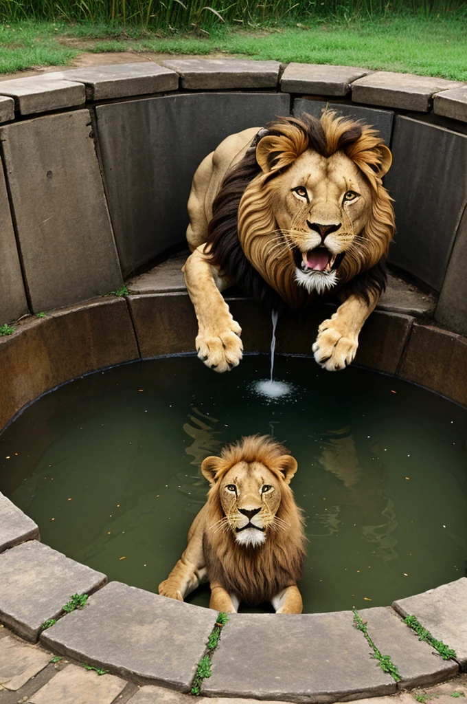The lion jumps into the well without thinking.cartoon style 3:2 resiyo