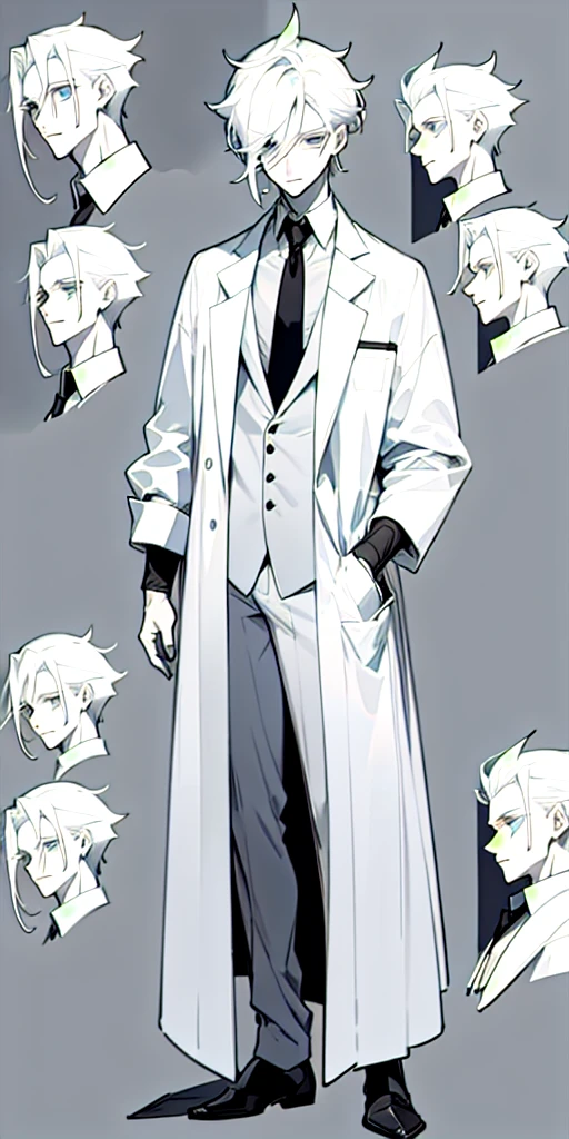 A 35-year-old Male pale skin wearing a lab coat slip back hair define jawline bags under his eyes full body character sheet character design sheet