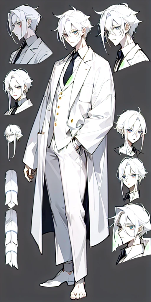 A 35-year-old Male pale skin wearing a lab coat slip back hair define jawline bags under his eyes full body character sheet character design sheet