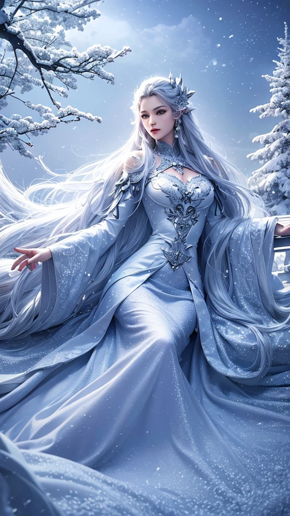 (tmasterpiece,8K,Best quality at best,A high resolution,ultra - detailed,ultra-realistic realism),The white,A world covered in silver, branches covered with snow, cold winter touch, Snowflakes dance like elves, Turn the world into a silver fairy tale, Cold, Peaceful and beautiful snow scene, Comfortable and calm