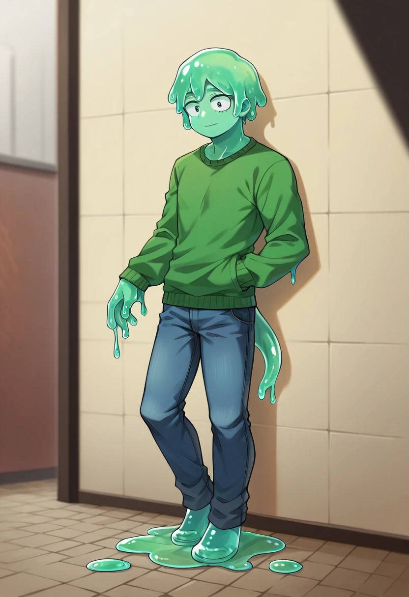 score_9, score_8_up, score_7_up, score_6_up, score_5_up, score_4_up, source_anime, 1Boy, slime Boy, Blue slime skin, Soft fashion, short slime hair with green tips, ringlets, tentacles, slime tentacles, slime boy, solo, slimegirlsfw, slime boy, sweater, jeans, slimeboy, my hero academia, tentacles, school, depth of field, LUT, Leaning against the wall , Alleyway, detailed, handsome, cute slime boy. My hero academia school, Tentacle tail, Full body shot, , muscular.