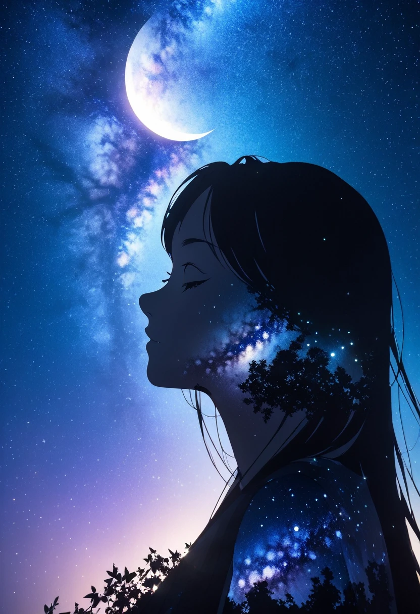 mate piece, silhouette, Milky Way, Orihime's, close-up, profile, monotony, moon, double exposure, Milky Way, Tanabata decoration, depth of field, (holographic glow effect), from below, low angle shot, masterpiece,