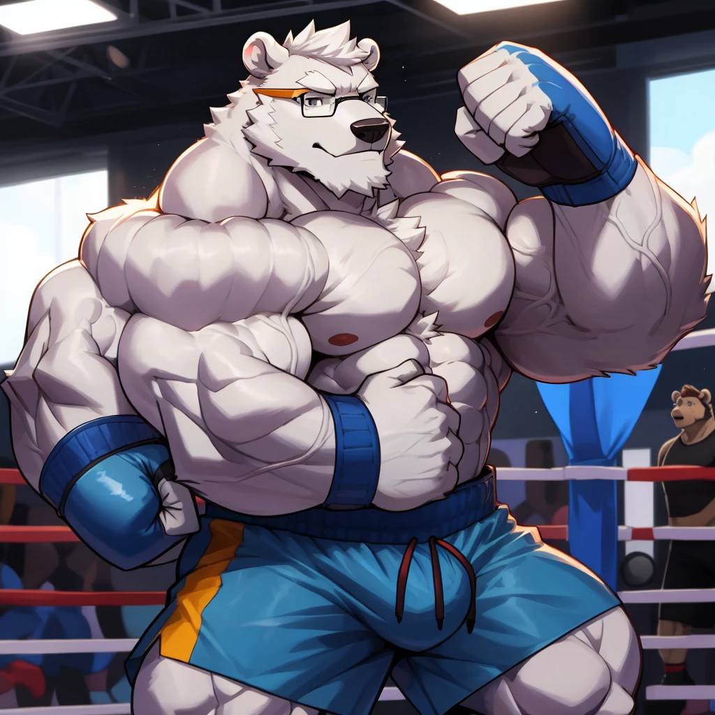 solo, 1boy, Huge Muscular Daddy White Polar Bear wearing glasses, huge white fur, pectoral, huge pectoral, wide pectoral, short white hair, blue colored gym short pants, blue colored wraped hands and shirtless and toppless, white bearded, white Mustache, white fur, gym background, boxing training, veins popping masterpiece, high detailed, 8k, high resolution, at the gym, punching the punching bage