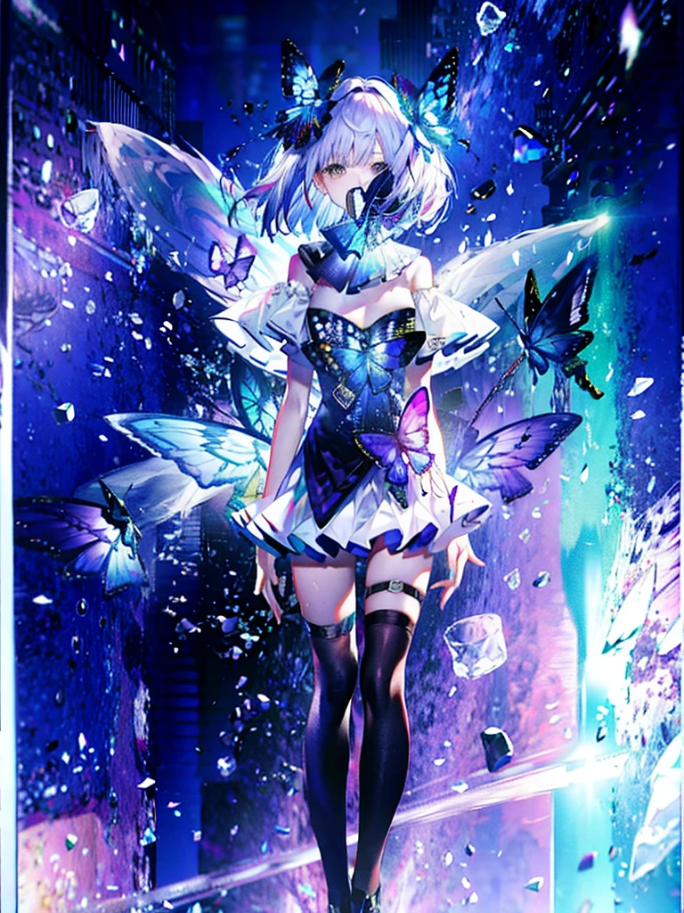 silver hair，crystal hair, butterflies，long white hair，8k wallpaper，detailedbackground，Highest resolution，deep v big breasts，Hair covers one eye，Bandeau，chies，Purple roses，tight-fitting，High socks，stockings