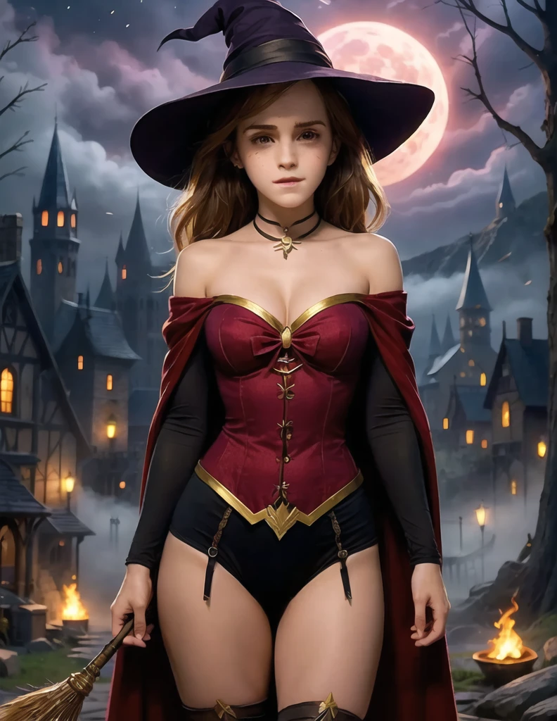 a girl, Emma Watson plays Hermione, A charming and beautiful witch,With long flowing hair and sharp eyes,Best quality, masterpiece, Ultra-high resolution, (lifelike:1.4), original photo, (Real skin texture:1.3), (Film Grain:1.3), panoramic, Portraits, Very wide angle shot, Thin waist, Cowboy lens, (in the darkness, Dark Shadows, Low profile, Cold Light), night, close up, Tears, indoor, dust, Tyndall Effect, sad, disappointment, melancholy(expression), cry, frown, (Bow your head), nervous, Tears, , 1 girl, Beautiful detailed eyes and face, White scarf, bow tie,Off-shoulder, huge breasts, Huge ass, sexy body, fitness body, sexy bra, sexy thong, Navel,Waist,Exposed Crotch,Showing belly,Camel toes are clear,sexy high stockings, high-heel boots,witch hat,Magic Wand,Brown eyes wearing a velvet cape decorated with mystical symbols,Standing in the foggy scenery at night,Hogwarts School of Witchcraft and Wizardry in the distance,There is a blood moon in the sky,Fire on the ground,Lightning cuts through the sky