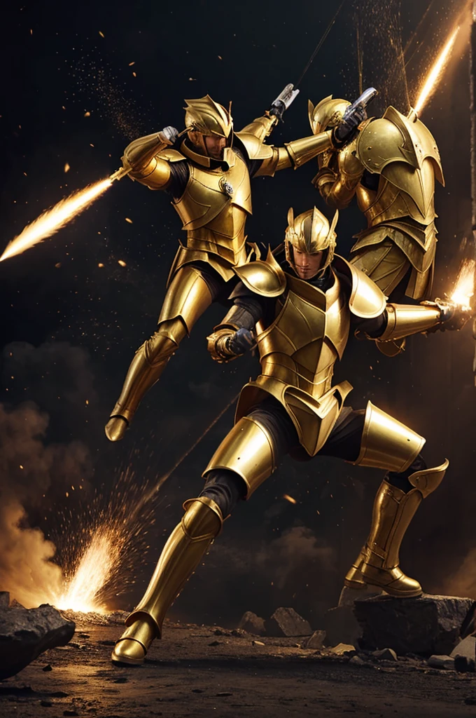 Aiyoria of Leo fighting with his golden armor against Gemini cannon