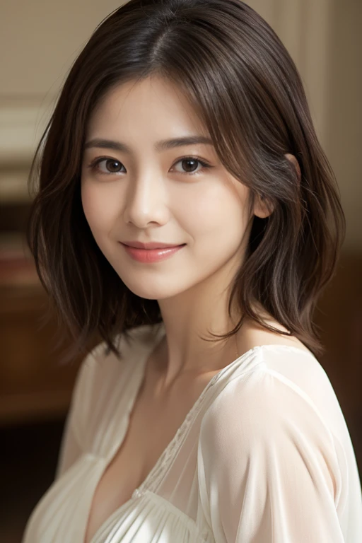 tits、naked、nude、(RAW Photos), (Photorealistic), (masterpiece), (Highest quality), High resolution, 8K, (Intricate details), (Volumetric light), Portraiture, woman, Age 35, short hair, Straight hair , Layered Hair, Brown Hair, Very beautiful eyes, Source order, Very thin eyebrows, Very fine skin, Very beautiful mouth, Very nice nose, Cute like an idol, Smile, (Thick lips), (Looking at the audience), (Elegant blouse),
