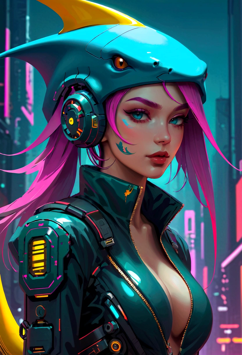Cyberpunk girl wearing a shark head mecha