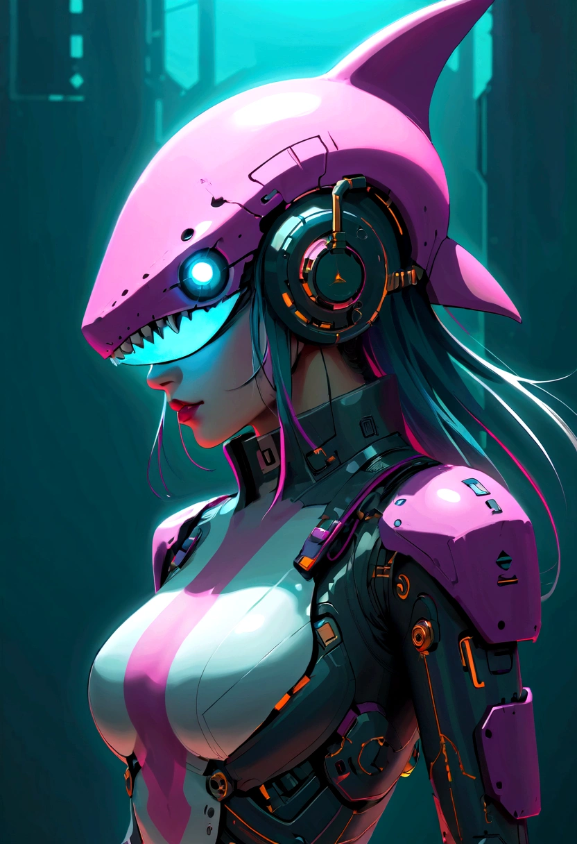 Cyberpunk girl wearing a shark head mecha