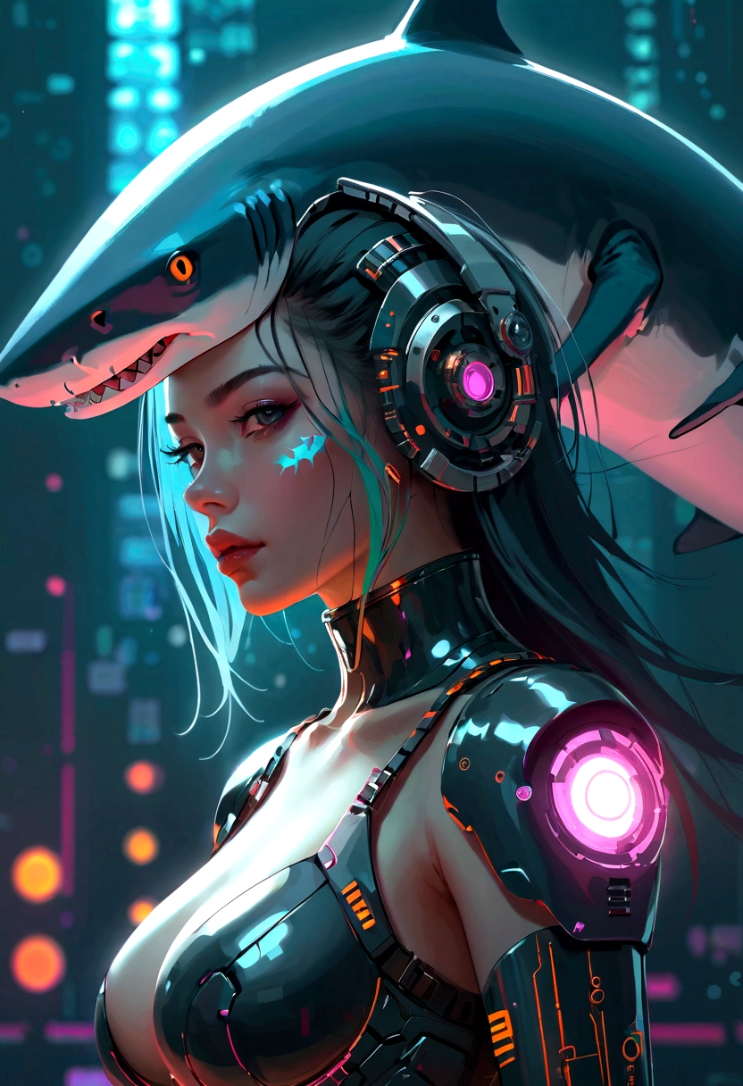 Cyberpunk girl wearing a shark head mecha