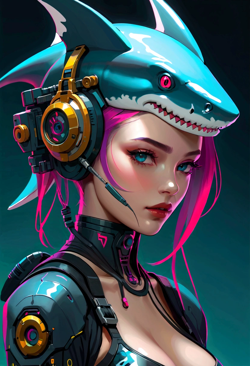 Cyberpunk girl wearing a shark head mecha