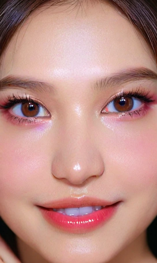 Ultra-realistic movie master pie with ultra-detailed primetime portraits, high quality, 8K, table top, Ultra HD), 1 girl 40 years old、nude supermodel, ((Random style and color hair)), masterpiece, high quality, high quality, High resolution、(close up of face), black_mascara put in Long eyelashes:1.5, dark (eyesshadows:1.35), (Glossy) red_lips:1.24, ((brown_eyes)), (iridescent eyes), vibrant eyes:1.35, high contrast, dark shot:1.5, (seductive smile), ((pink_makeup cheeks:1.2))