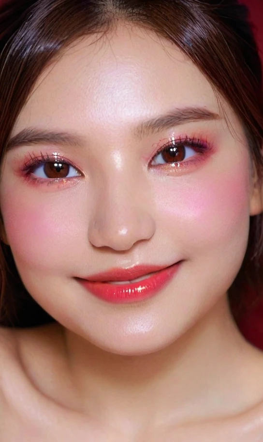 Ultra-realistic movie master pie with ultra-detailed primetime portraits, high quality, 8K, table top, Ultra HD), 1 girl 40 years old、nude supermodel, ((Random style and color hair)), masterpiece, high quality, high quality, High resolution、(close up of face), black_mascara put in Long eyelashes:1.5, dark (eyesshadows:1.35), (Glossy) red_lips:1.24, ((brown_eyes)), (iridescent eyes), vibrant eyes:1.35, high contrast, dark shot:1.5, (seductive smile), ((pink_makeup cheeks:1.2))