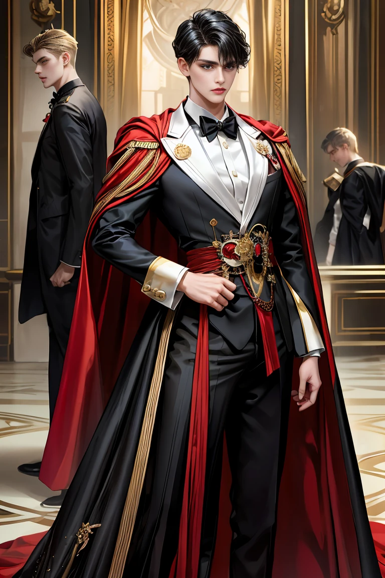 masterpiece, 最high quality, high quality, 1 boy, alone, Male focus, Watching the audience, Messy black hair, Adorable big blue eyes, White people, Noble, Noble,Sexy voluminous black and red cape、Tuxedo、A very voluminous, large, very large, very large, long, long red and black cape with a high stand-up collar, reaching down to the floor, made of a lot of fabric., 17 years old,Cute beautiful boys,Cute, cute, kind, handsome guy