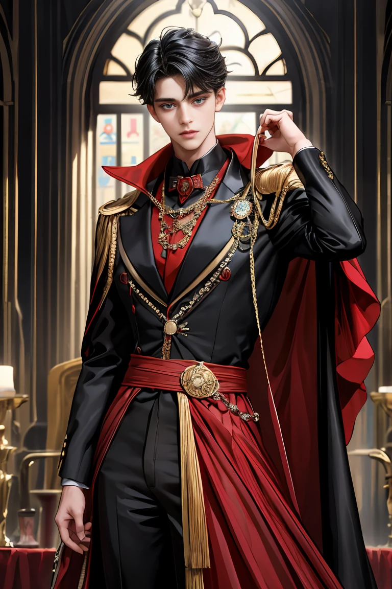
masterpiece, 最high quality, high quality, 1 boy, alone, Male focus, Watching the audience,  Messy black hair, Adorable big blue eyes, White people, Noble, Noble,Sexy voluminous black and red cape、Tuxedo、A very voluminous, large, very large, very large, long, long red and black cape with a high stand-up collar, reaching down to the floor, made of a lot of fabric., 17 years old,Cute beautiful boys,Cute, cute, kind, handsome guy