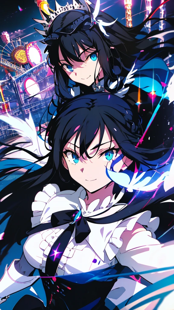 best quality, extremely detailed, anime style adult 1girl, long hair down to the waist, straight hair, ((dark black hair with bluish)),crown braid,beautiful detailed eyes, pinched eyes, dark blue eyes, huge breasts,curvy,(((white main black cyberpunk and magical frill dress))),longskirt,((feather accessory)),magical girl,((((light smile)))),((((amusement park)))),animation cap,animated gif,