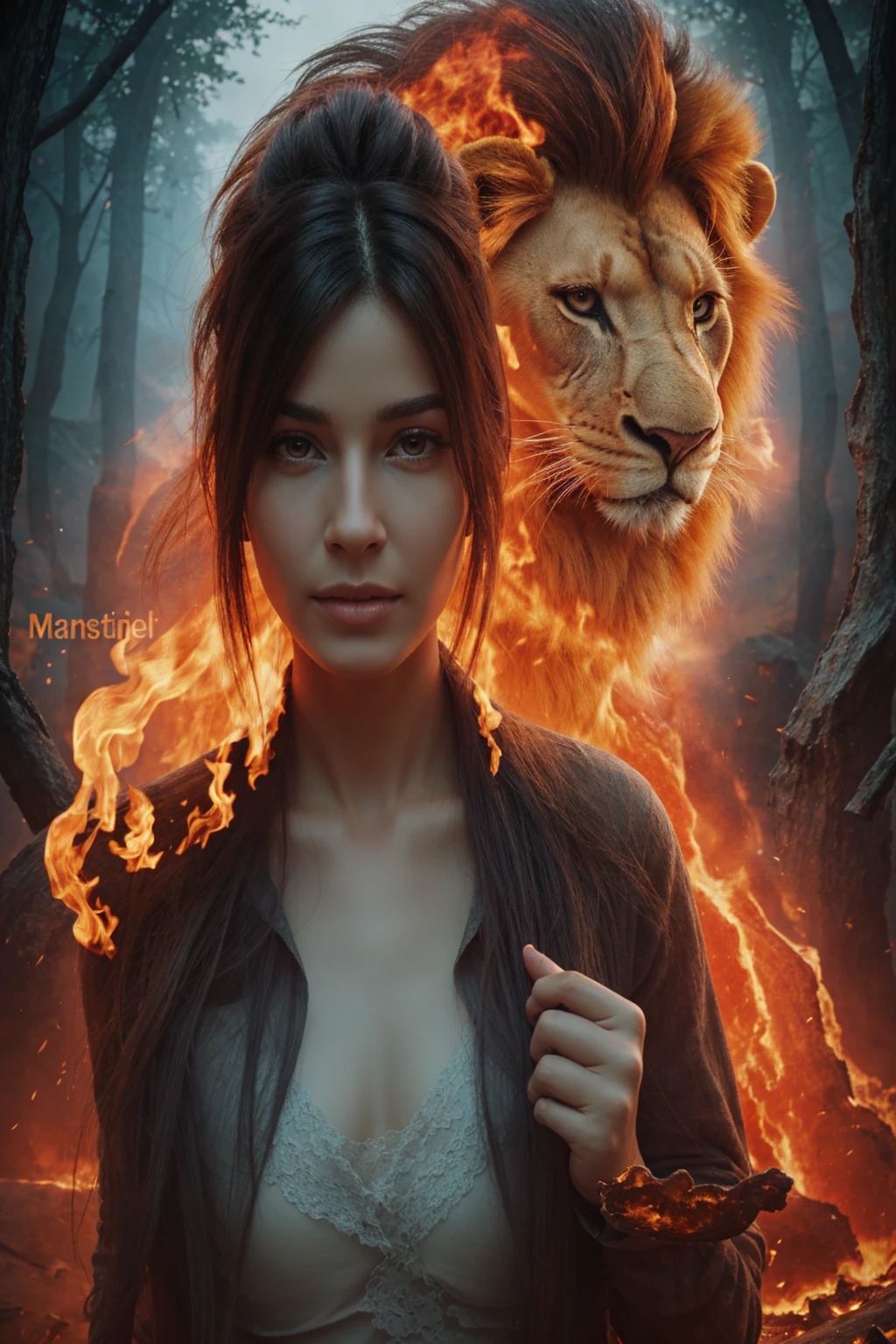 Realistic, masterpiece. A beautiful woman, she is an archaeologist, finds herself in some ruins, the spirit of a fire lion manifests behind her. 4k resolution.