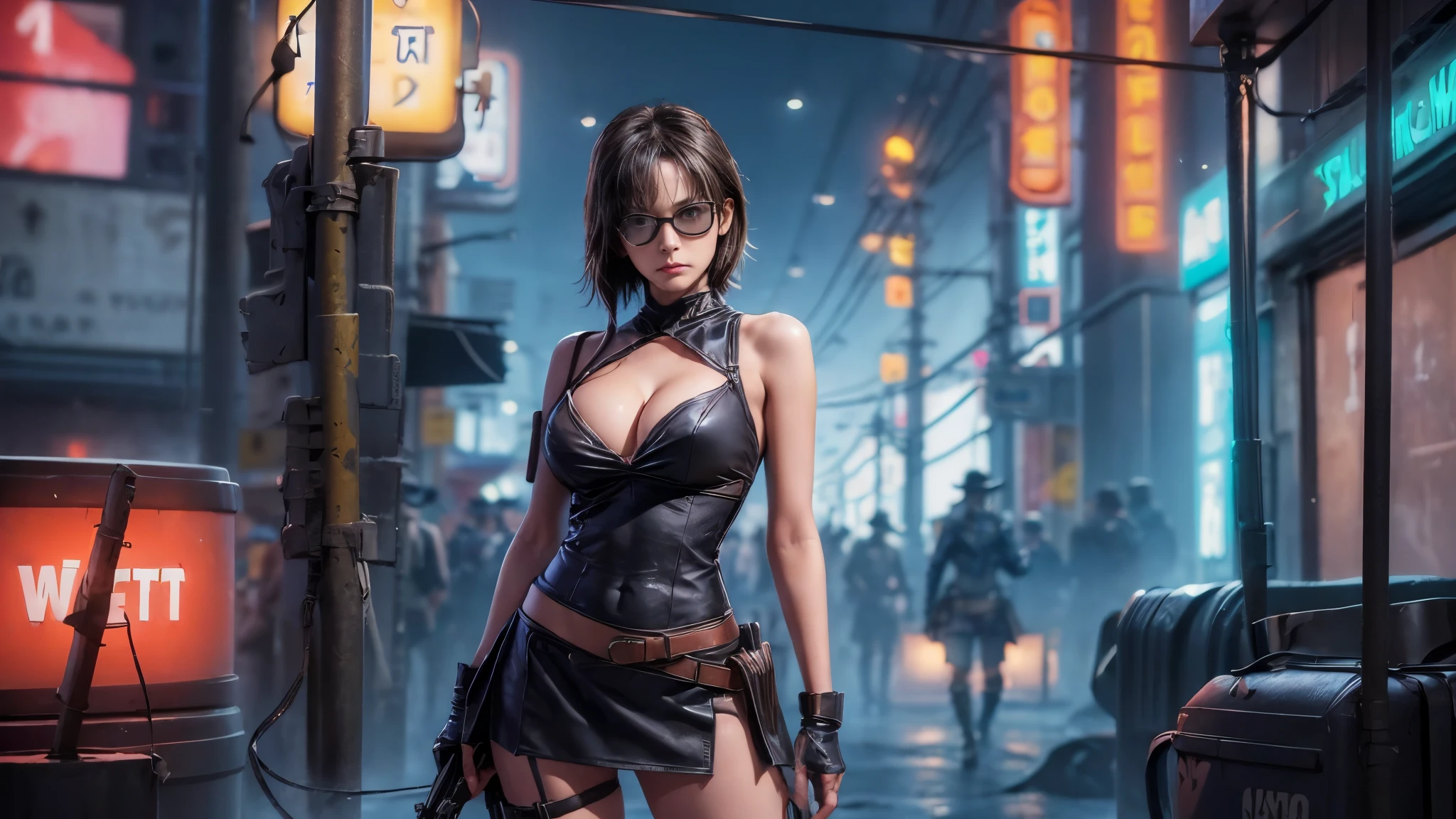 (((((1 slim western women, solo, large-breast:1.4 cleavage:1.3))))), AD2050 at night, (((wearing off neck tube top, miniskirt, black sunglasses, automatic rifle, standing and shooting pose))), (((((half-body (((thigh level))) medium:1.3 shot))))), innovative composition, revenge, aerial view of military base, blade runner worldview, large neon sign.