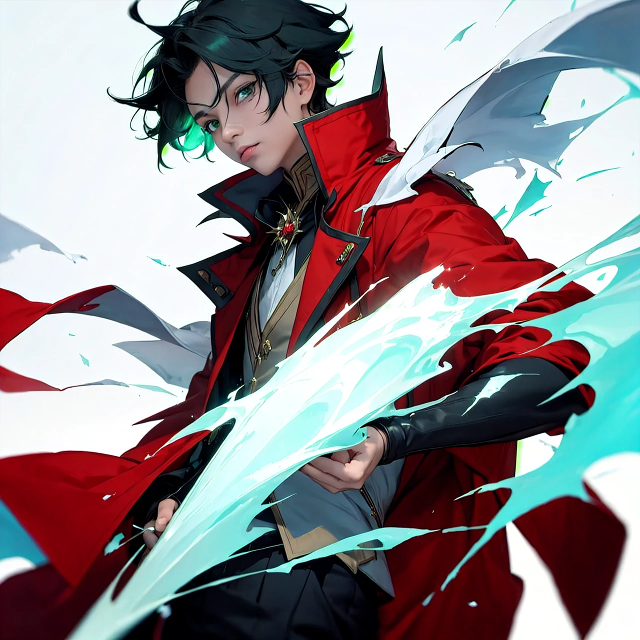 prince, sorcerer, green eyes, black hair, Red jacket, White shirt, ice magic,