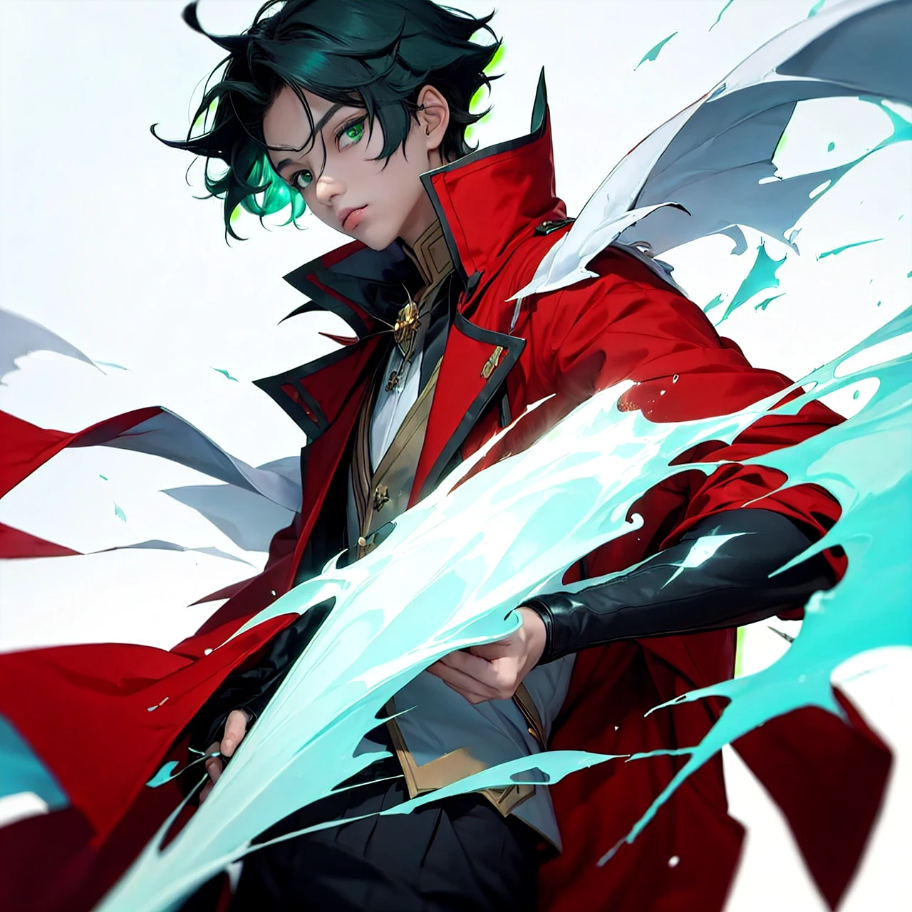 prince, sorcerer, green eyes, black hair, Red jacket, White shirt, ice magic,