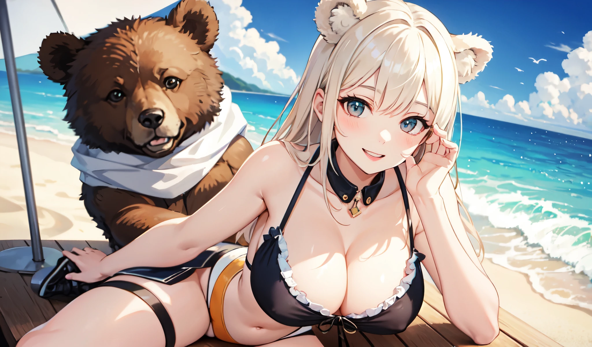 ((Highest quality)), ((masterpiece)), (detailed), A cute girl with bear ears, Beach,Giddy Smile,Straddling a chair,Seductive pose,Showcasing cleavage