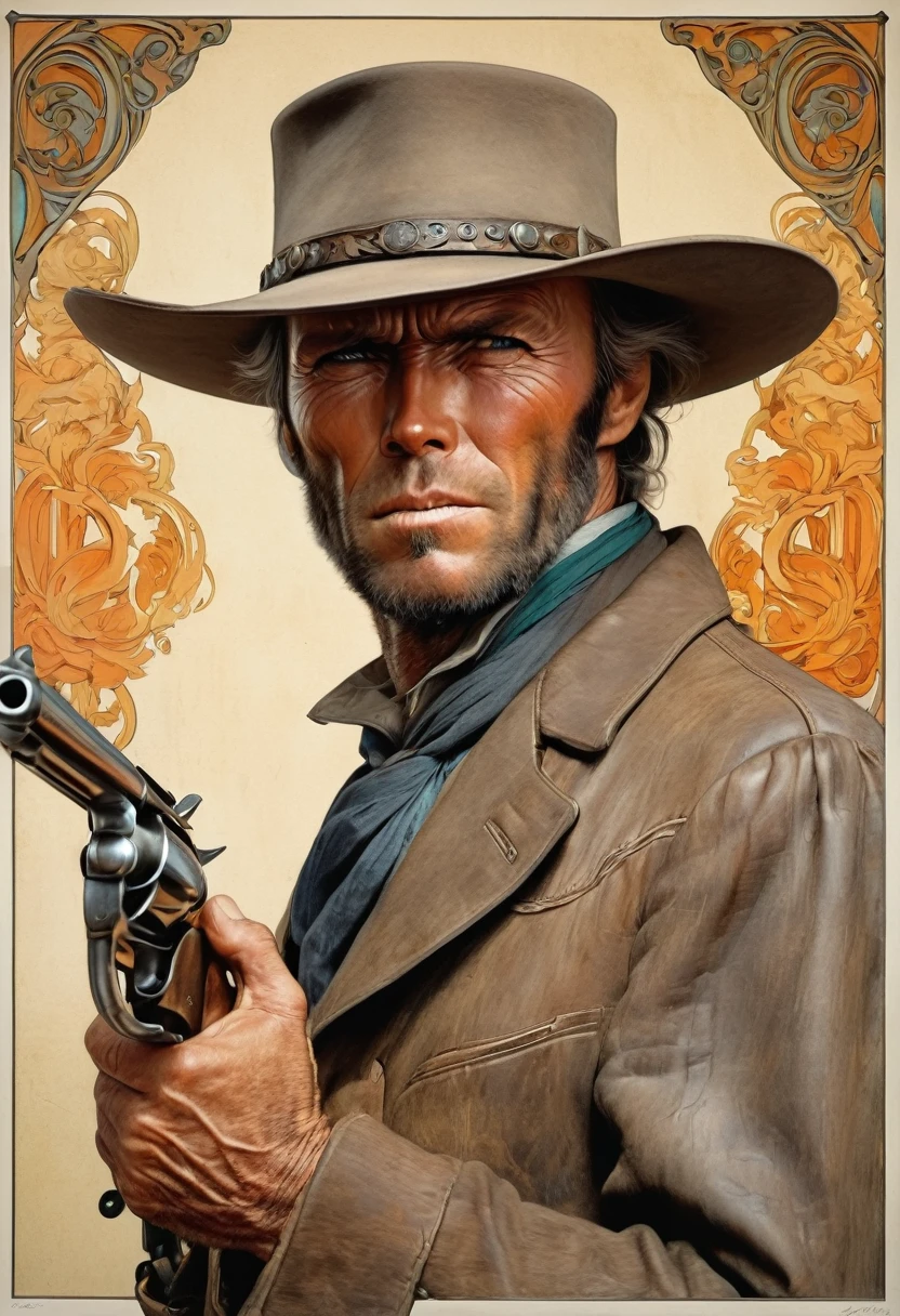 Um pistoleiro do Velho Oeste, with a determined look e a gun in his he. A imagem é inspirada nas obras de Clint Eastwood, como "O pistoleiro solitário" e "o bom, the Bad e the Ugly". The gunslinger must have an air of mystery e danger, como se estivesse prestes a enfrentar um duelo mortal. Colors must be vibrant e contrasting, como os de Alphonse Mucha. The details must be delicate e complex, como Mucha's. The strokes should be thick e almost erased, como street art prints. The lines that delimit shapes should privilege more gross e straight angles.
INFO