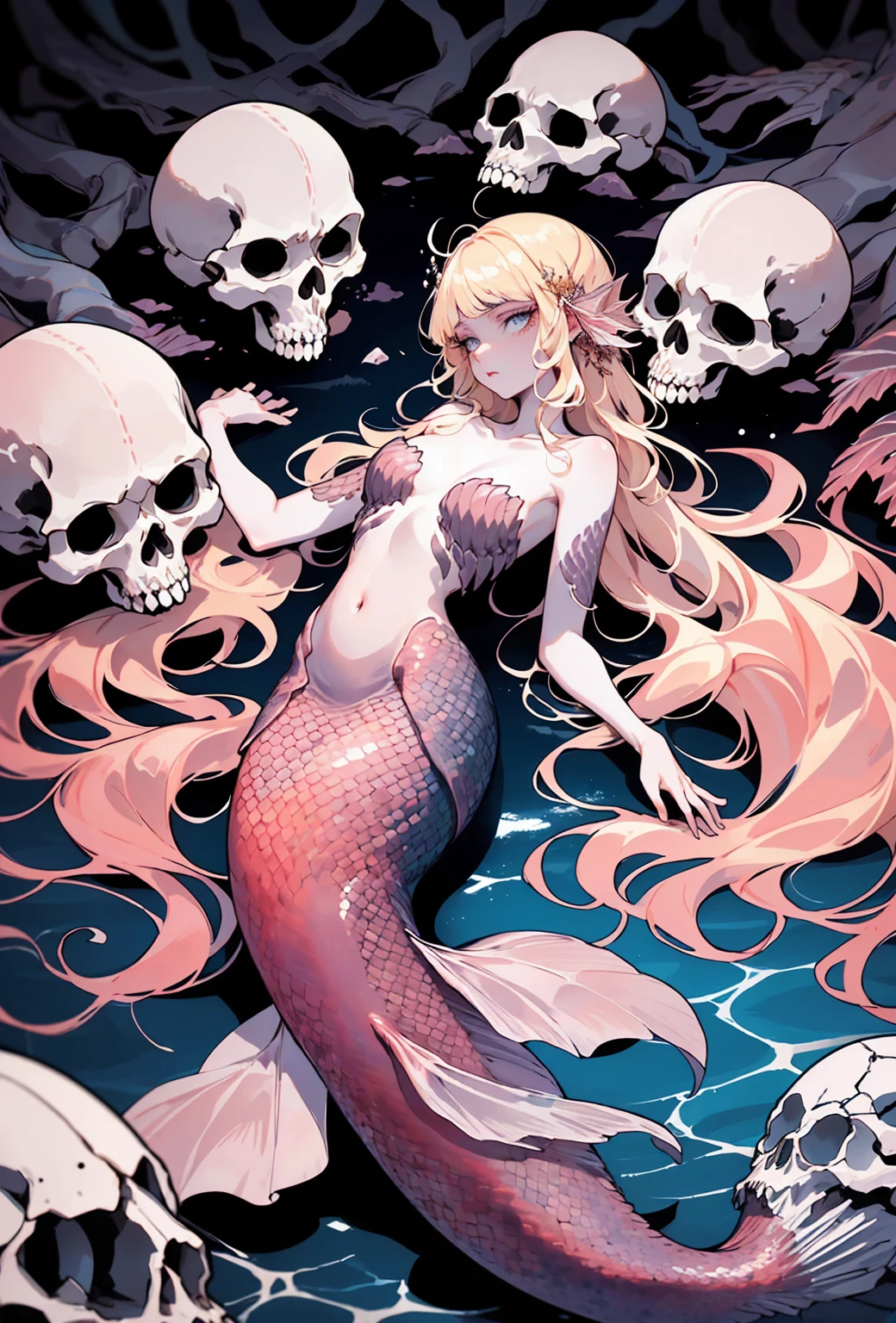 {-erro_de_anatomia:1.0} woman 30 years old, underwater, skeleton, corpse,Under the sea, where coral tendrils and vines abound, a woman (mermaid), long blond hair (blond hair) looks at you amidst a pile of bones and skulls. Indifferent look , merciless. Lying among the skulls.
