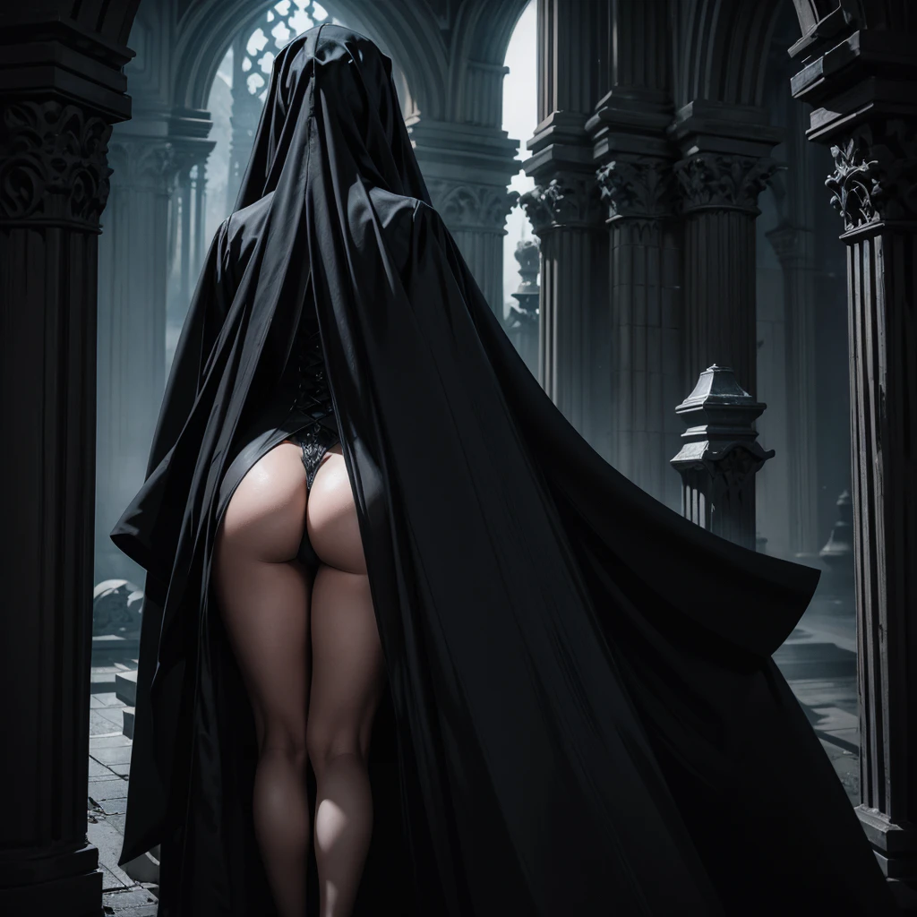 A female ghost, she wears a long black veil that covers her entire body from head to toe, the face of the ghost can barely be seen, only the white eyes without pupils can be seen, only the arms can be seen wearing long thin black gloves Above the elbows, from behind you can see some Gothic tombstones