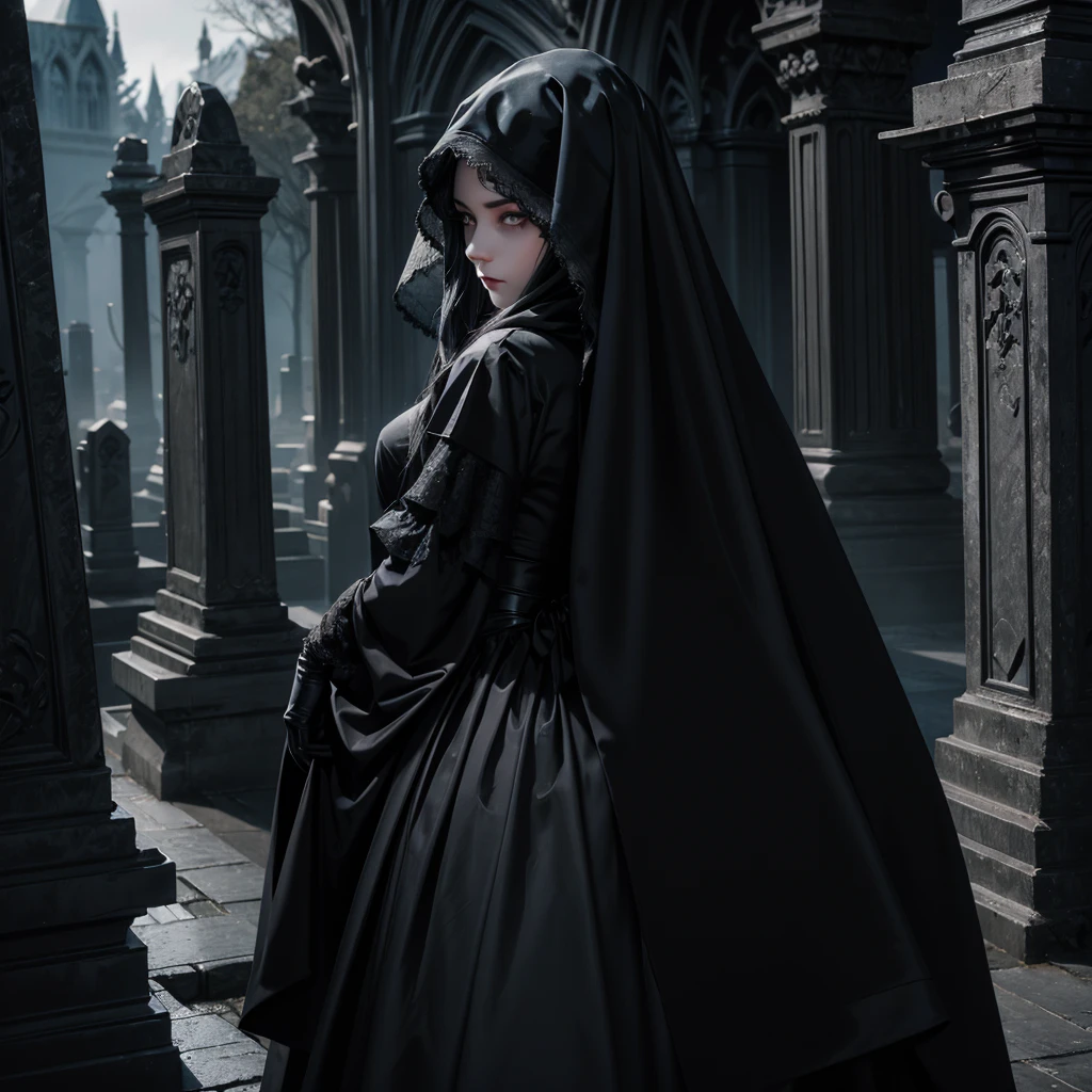 A female ghost, she wears a long black veil that covers her entire body from head to toe, the face of the ghost can barely be seen, only the white eyes without pupils can be seen, only the arms can be seen wearing long thin black gloves Above the elbows, from behind you can see some Gothic tombstones