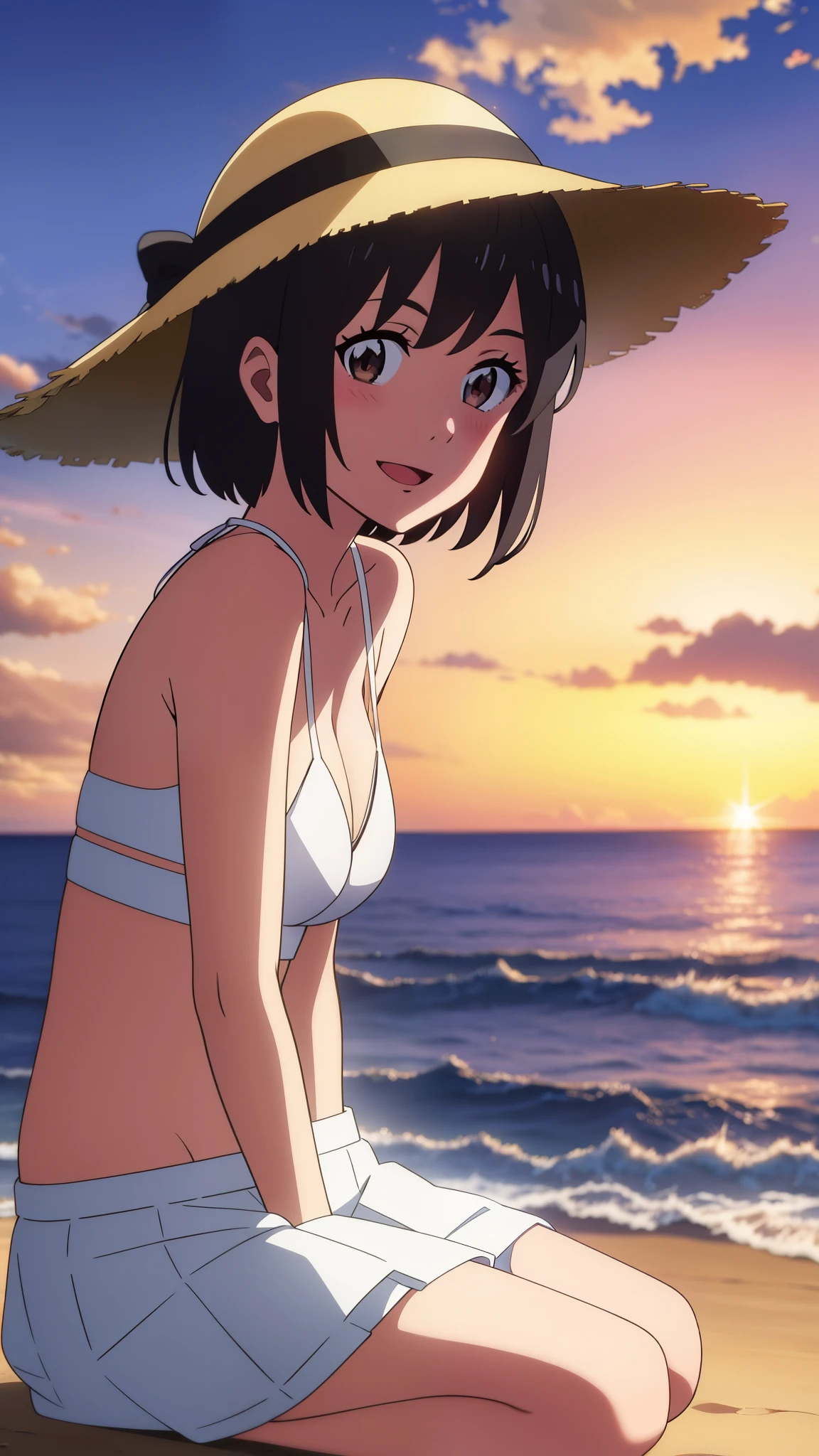 shinkai makoto, kimi no na wa., 1girl, bangs, black hair, blushing, bright eyes, brown eyes, straw hat, white bikini, white skirt, short hair, smiling, open mouth, cute, solo, looking at viewer, outdoors, summer_season, beach, cloudy, sunlight, evening, sunset, sitting on the ground, upper body