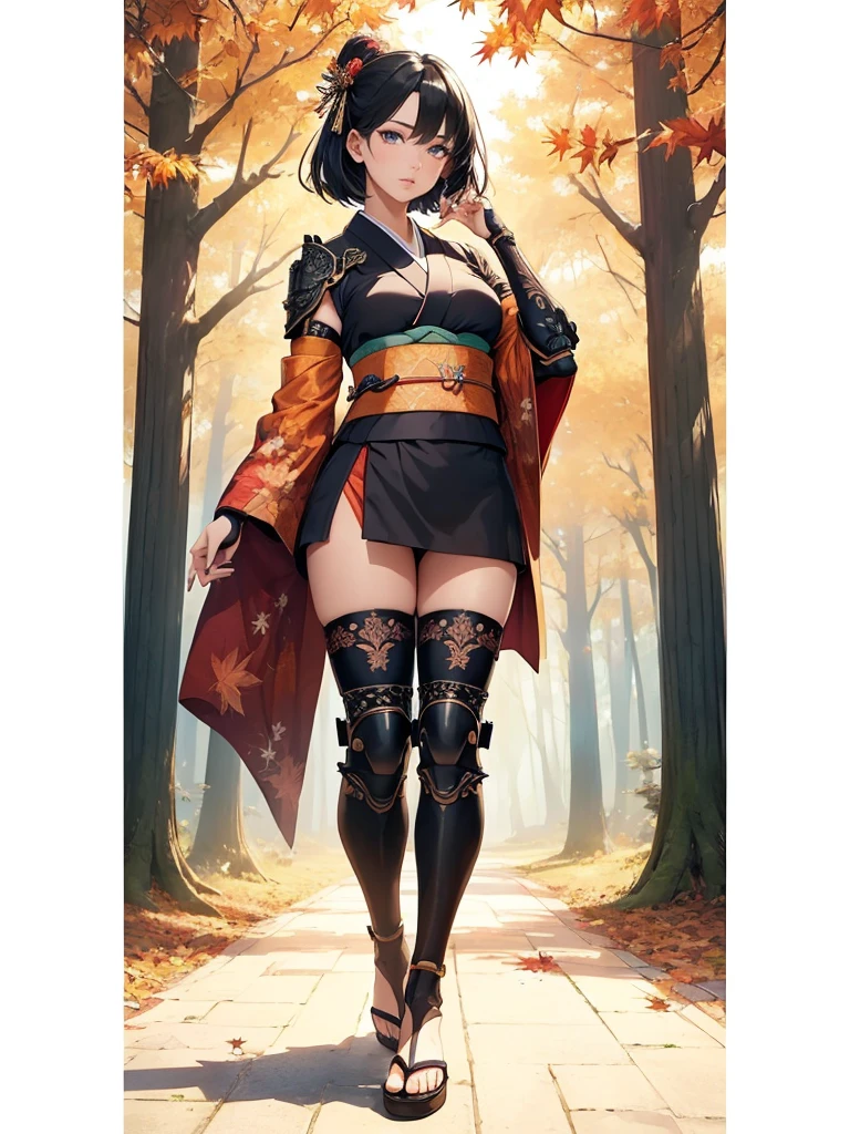 ((1girl, solo)), beautiful body, (perfect anatomy, perfect body, perfect hands, perfect legs), (five fingers:1.5), natural proportions, sexy body, large breasts, cowboy shot BREAK
((extremely detailed face)), (beautiful detailed eyes:1.6), (realistic pupils, realistic iris:1), expressive eyes, looking at viewer, (clear eyes:1.3), (hyperrealistic:1.2), (detailed skin texture:1.2), smooth skin, (black hair:1.5), (white eyes), (short hair:1.3), ((mature female)), (detailed lips:1.2), (attractive lips:1.1), (glossy lips:1.1), (parted lips), perfect face, perfect eyes BREAK
samurai, japanese clothes, (short kimono:1.5), puffy short sleeves, sash, black elbow gloves, fingerless gloves, (arm guard:1.5), thighs, black thighhighs, ass visible through thighs, skindentation, shimenawa BREAK
outdoors, (autumn season:1.5), (torii gate), east asian architecture, (forest:1.5), (tree:1.4), stone path BREAK
(masterpiece:1.5), anime-style, top quality, best quality, (beautiful and aesthetic:1.2), (ultra detail:1.5), Ultra-detailed depiction, Ultra-precise depiction, extremely detailed 8k illustration, high resolution, (highly detailed shading:1.2), (realistic lighting:1.4), perfect lighting, vibrant colors, dynamic tones, striking hues, 8k, absurd resolution, perfect shadows, hdr, UHD, ambient lighting, realistic, ultra-realistic, photo realistic, highly detailed, rich detail, luminous colors, fine texture, intricate design, professional illustration, (soft light:1.2), (illustration:0.7)