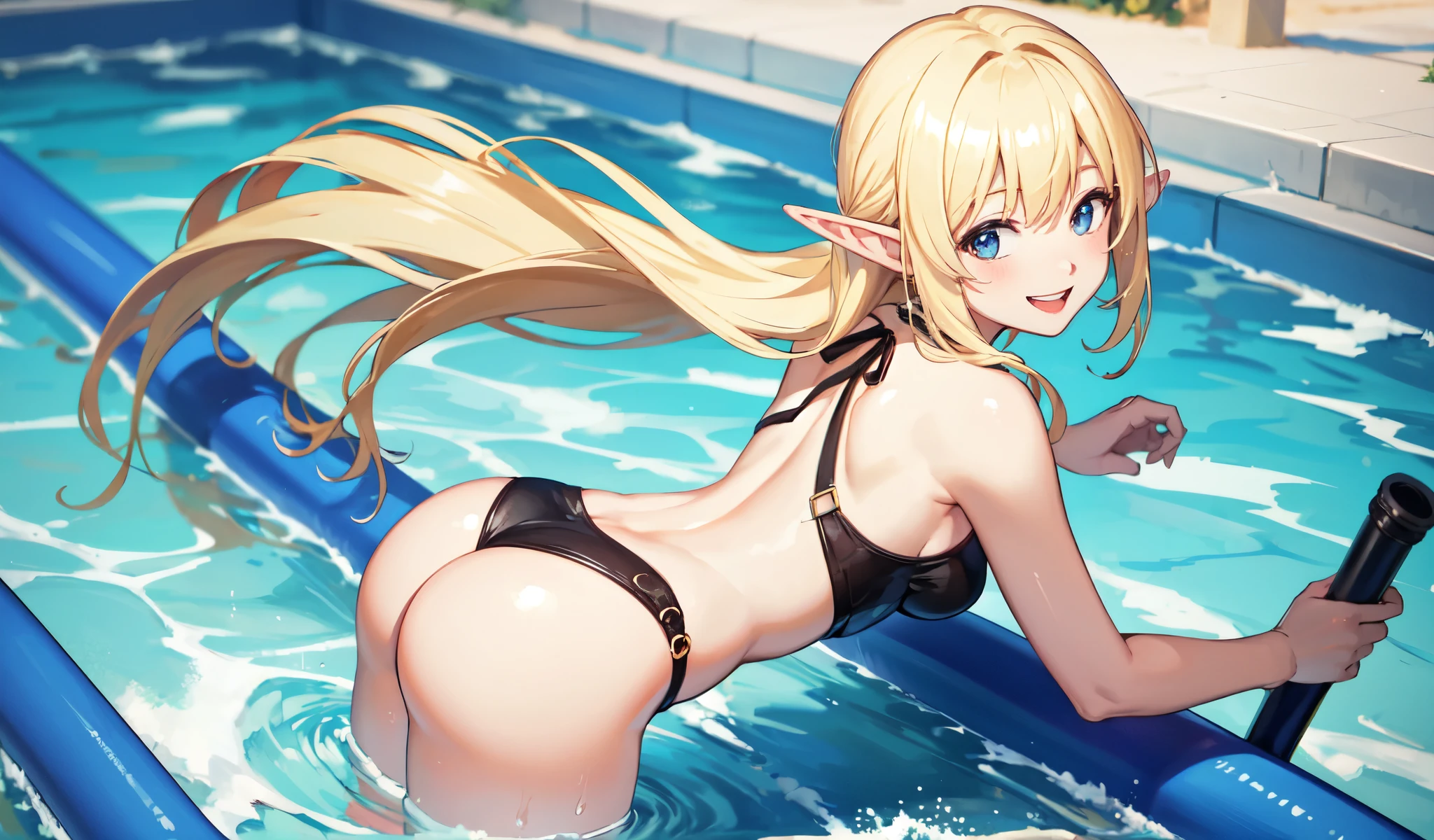 ((Highest quality)), ((masterpiece)), (detailed), A cute blonde elf girl、Waterslide，Giddy Smile, Sunlight, from_above，plunging, Booty pose,Arching the back