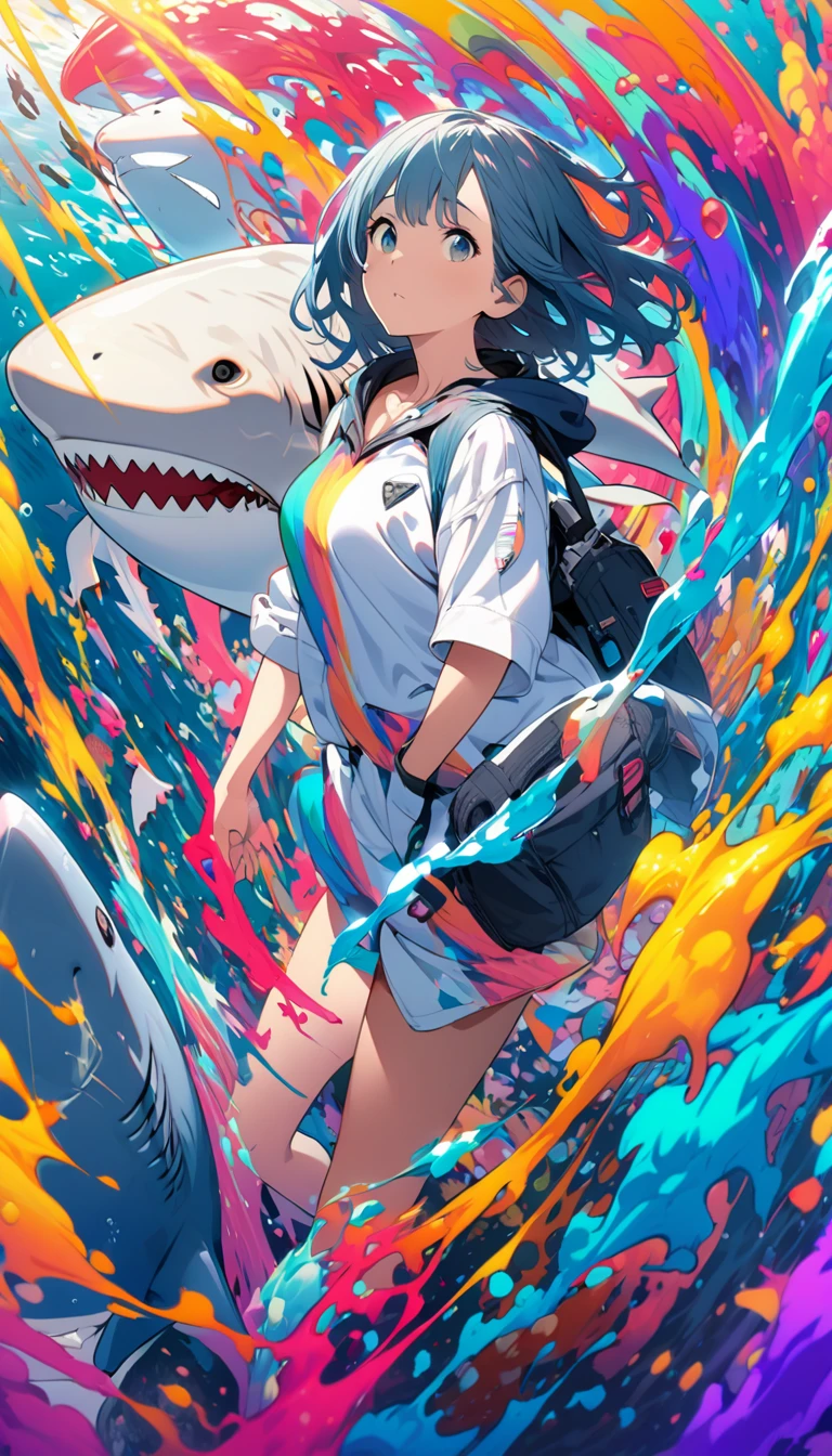 shark,woman,Bright and colorful,High Saturation,CG Art, Makoto Shinkai's photo, pure, Concept Art, Lofi Art style,Shinkai Makoto animation art style, Lofi Art, Beautiful anime scene, Anime Landscape, Detailed scenery, Makoto Shinkai's style, Makoto Shinkai's style, Enhance Details