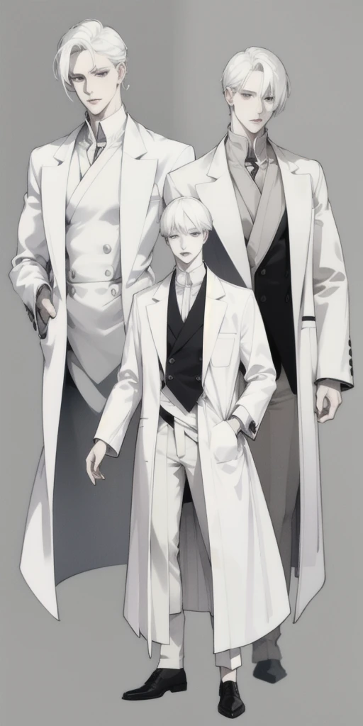 A 35-year-old Male pale skin wearing a lab coat slip back hair define jawline bags under his eyes full body character sheet character design sheet