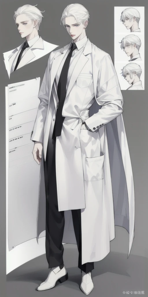 A 35-year-old Male pale skin wearing a lab coat slip back hair define jawline bags under his eyes full body character sheet character design sheet