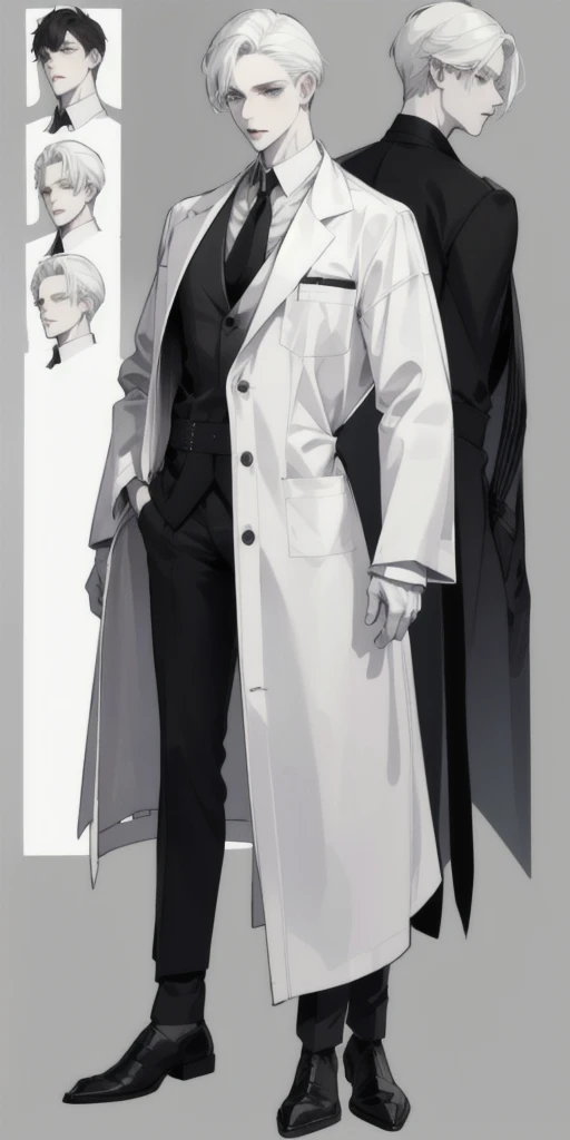 A 35-year-old Male pale skin wearing a lab coat slip back hair define jawline bags under his eyes full body character sheet character design sheet